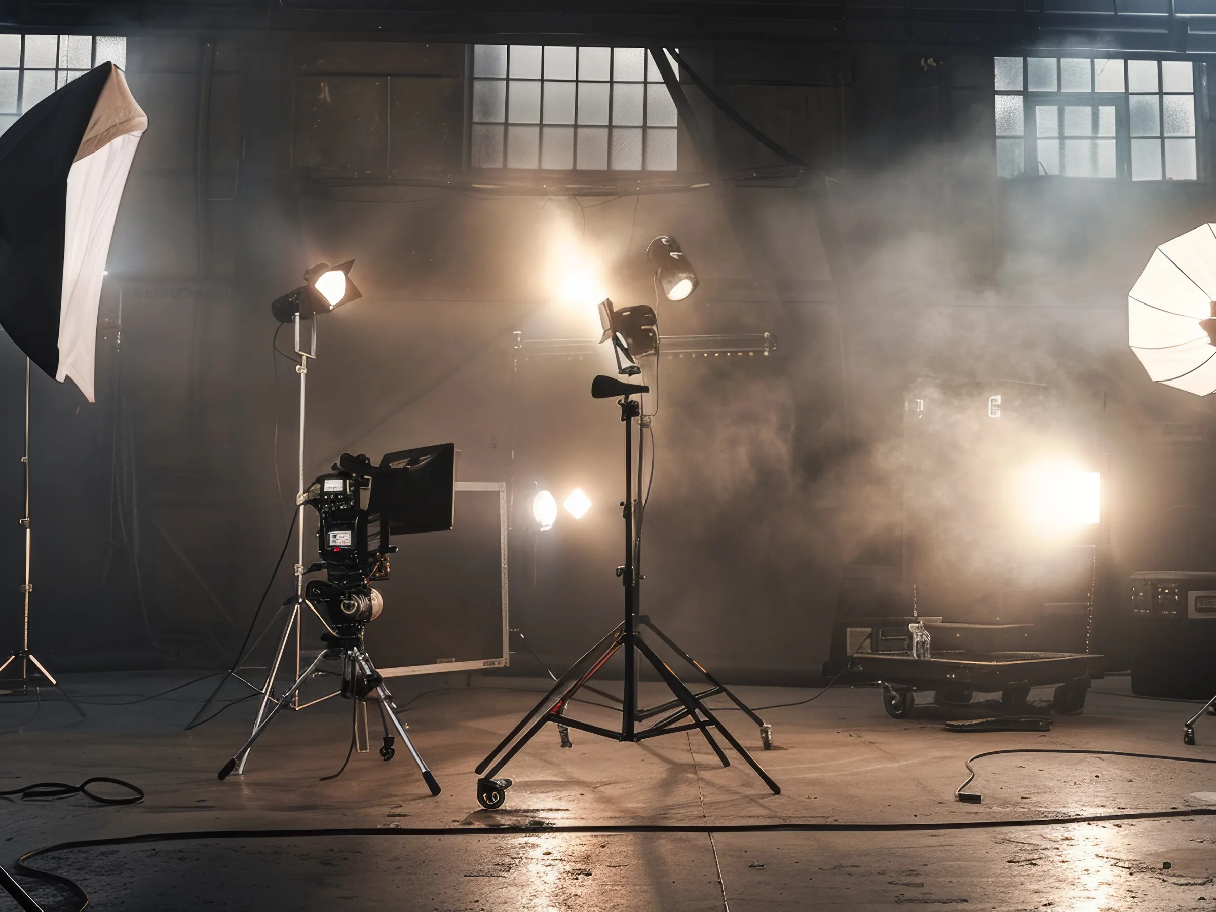 Lit film set with camera and lighting rig