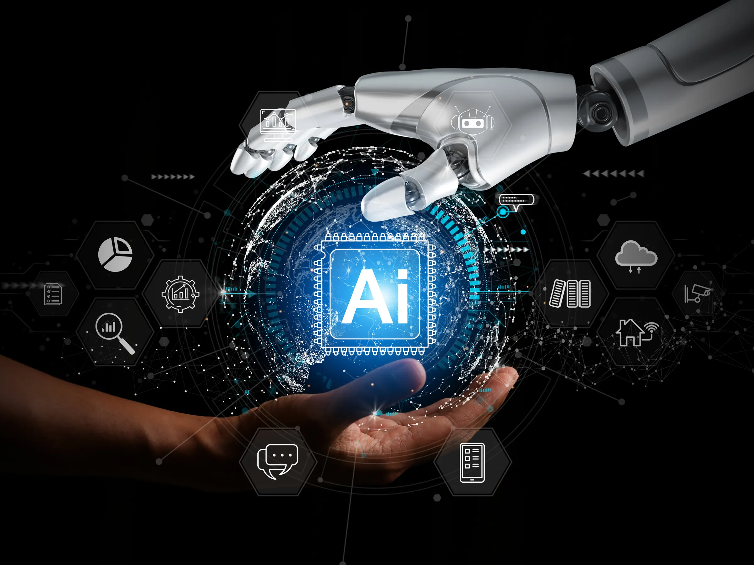 A robotic hand and a human hand around a glowing AI processor
