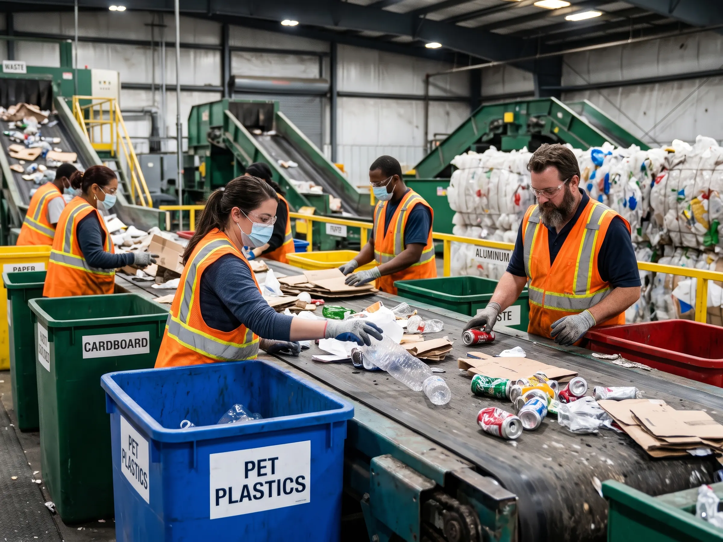 Workers sorting recyclables at a waste processing facility