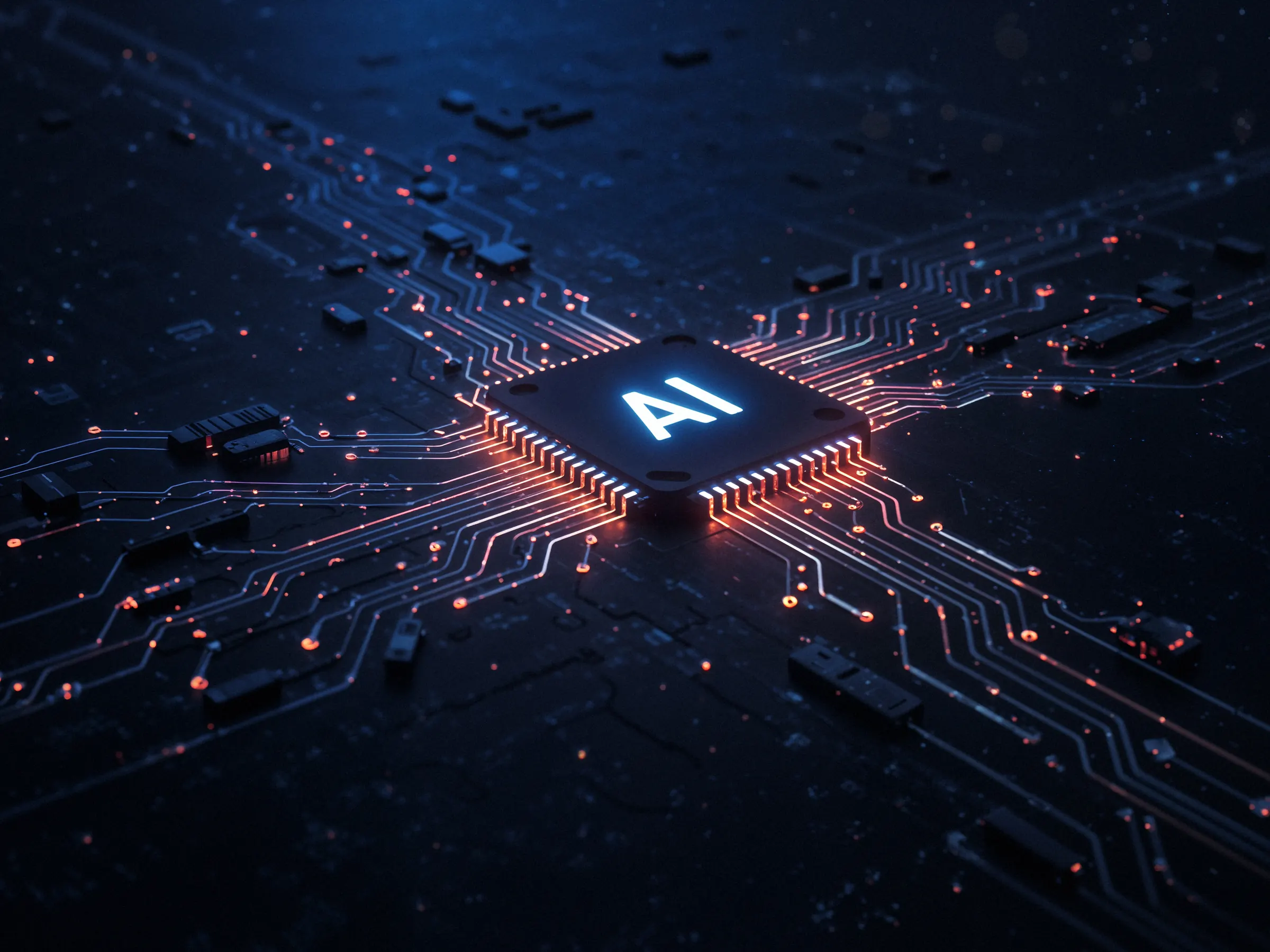 Processor on a circuit board with data paths lit up