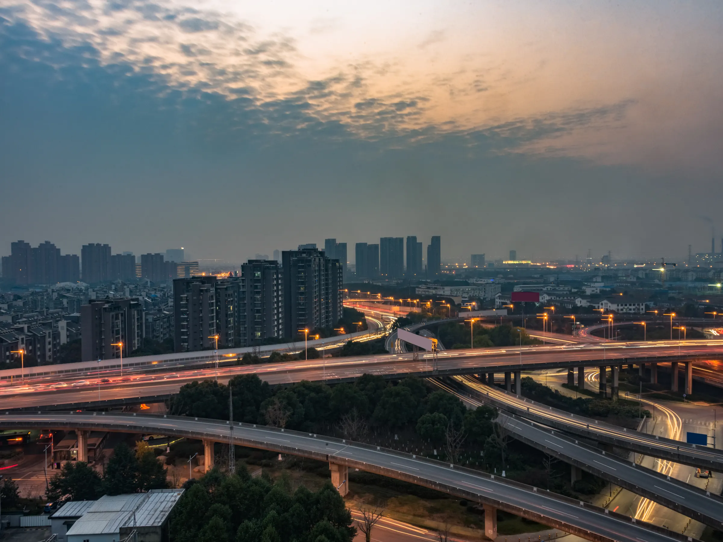 City flyovers and traffic at dusk